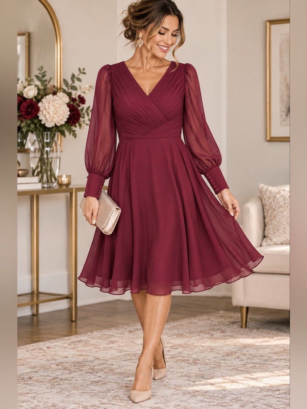 JJ's House Burgundy Chiffon Pleated Bishop Sleeve Midi Dress Approx L